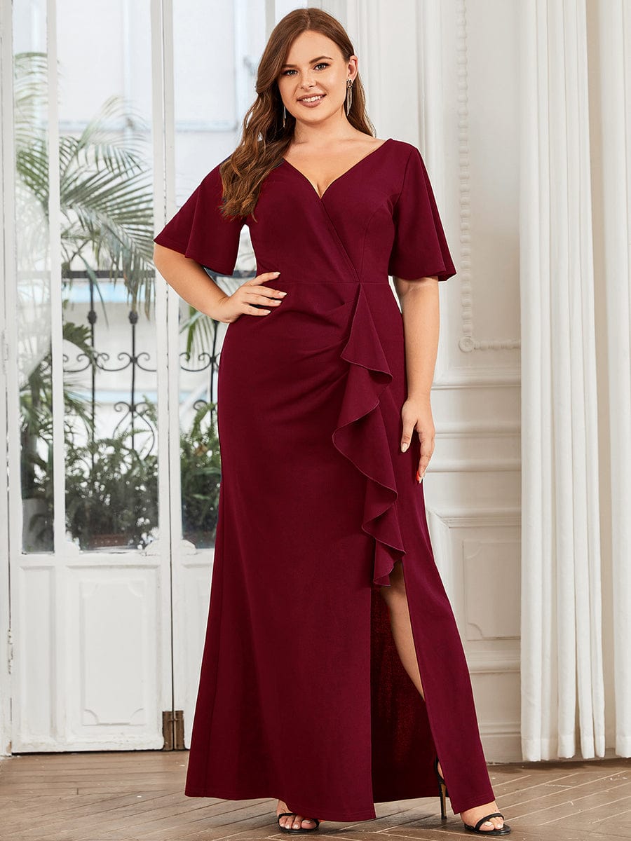 Elegant Fishtail Evening Gown with Ruffles Sleeves and Thigh-High Split