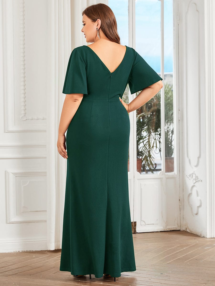 Elegant Fishtail Evening Gown with Ruffles Sleeves and Thigh-High Split