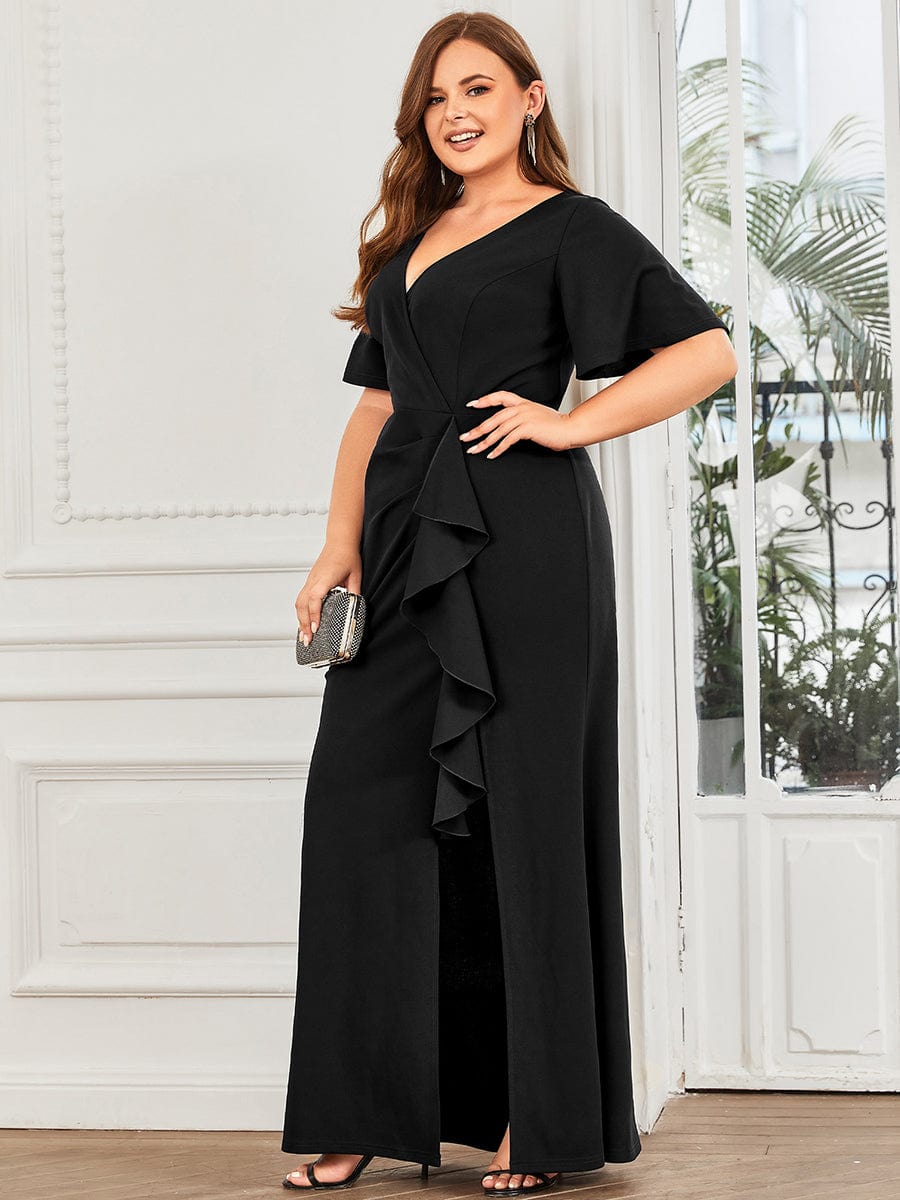 Elegant Fishtail Evening Gown with Ruffles Sleeves and Thigh-High Split