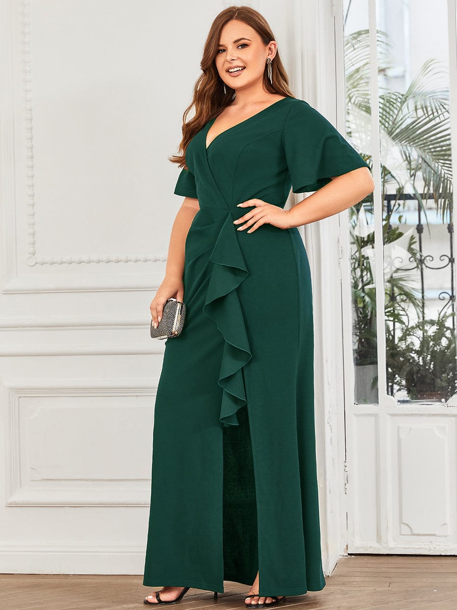 Elegant Fishtail Evening Gown with Ruffles Sleeves and Thigh-High Split