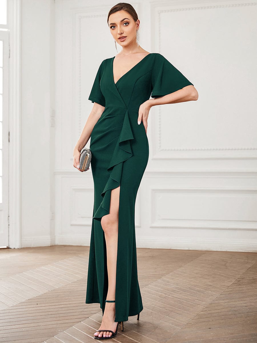 Elegant Fishtail Ruffled Sleeves Evening Gown