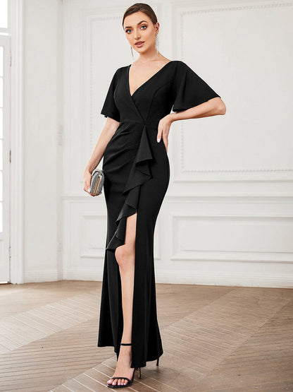 Elegant Fishtail Ruffled Sleeves Evening Gown