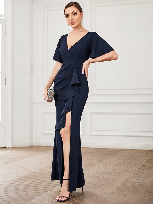 Elegant Fishtail Ruffled Sleeves Evening Gown