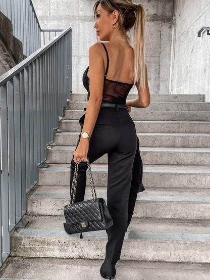 Elegant Floral Lace Bodysuit with V-Neck and Strappy Design