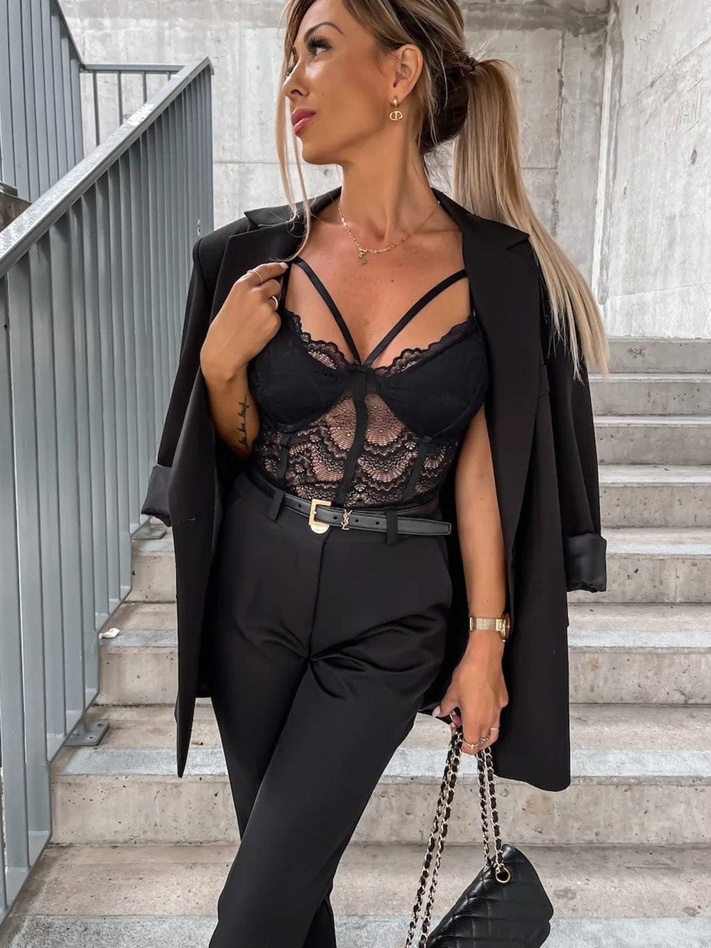 Elegant Floral Lace Bodysuit with V-Neck and Strappy Design