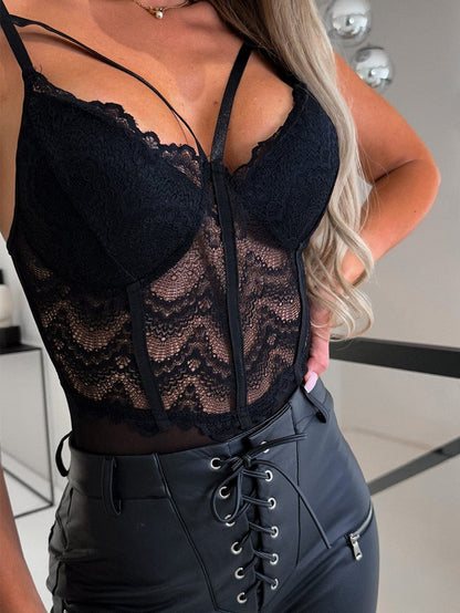 Elegant Floral Lace Bodysuit with V-Neck and Strappy Design