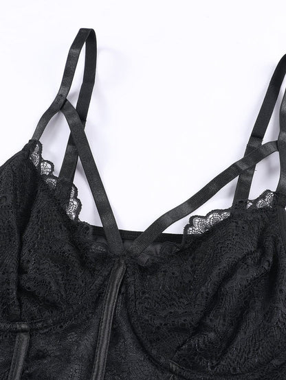 Elegant Floral Lace Bodysuit with V-Neck and Strappy Design