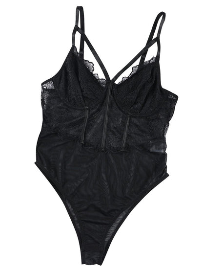 Elegant Floral Lace Bodysuit with V-Neck and Strappy Design