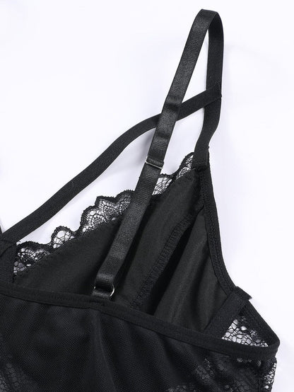 Elegant Floral Lace Bodysuit with V-Neck and Strappy Design