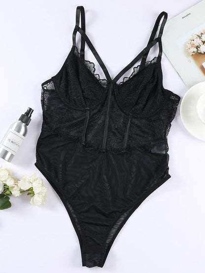 Elegant Floral Lace Bodysuit with V-Neck and Strappy Design