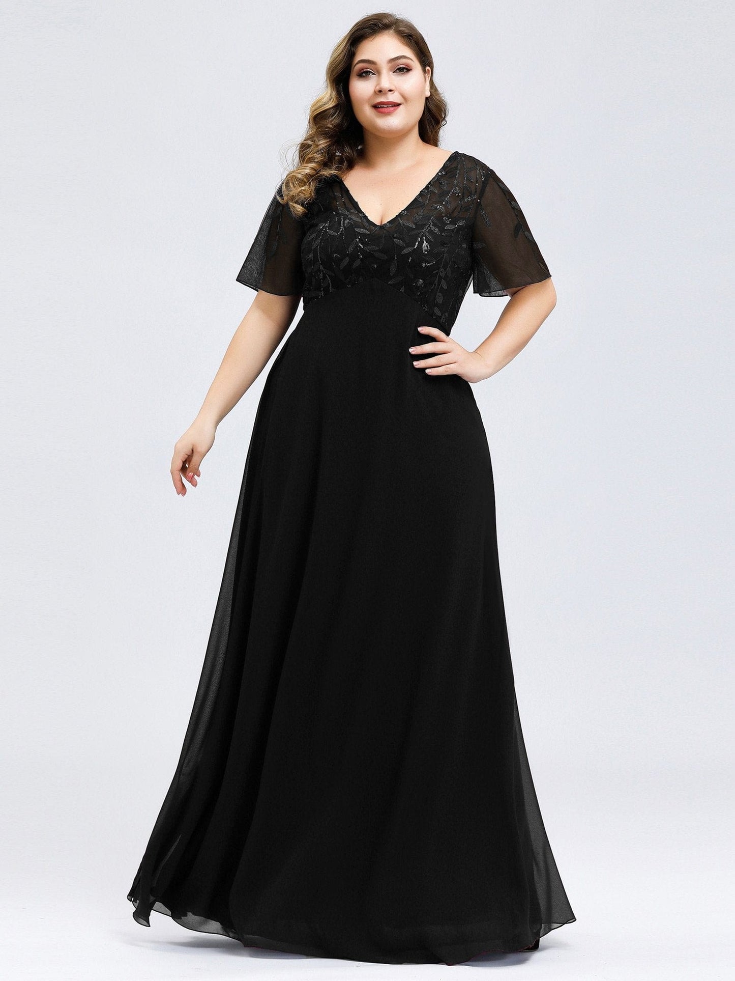 Elegant Floral Lace Evening Dress with Ruffle Sleeves