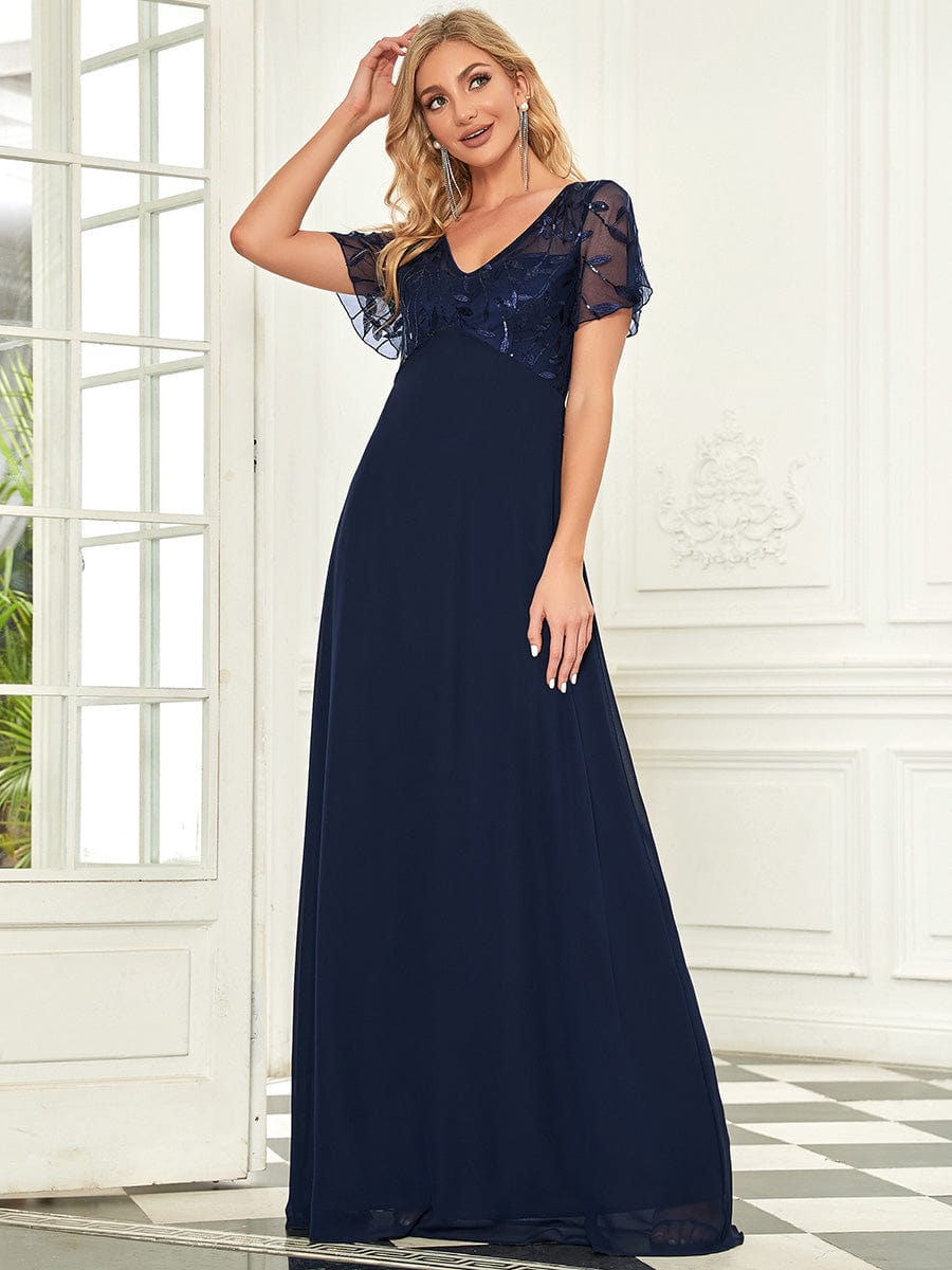 Elegant Floral Lace Evening Dress with Ruffle Sleeves