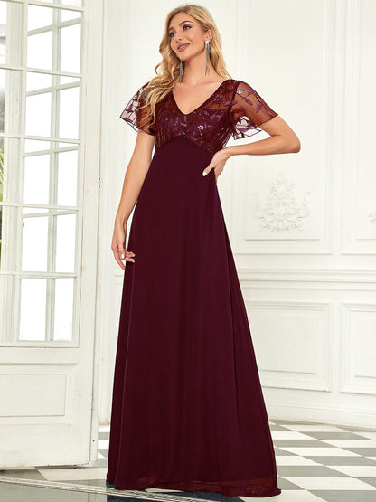 Elegant Floral Lace Evening Dress with Ruffle Sleeves