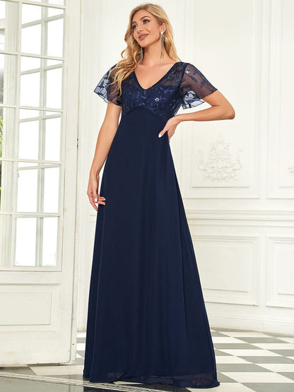 Elegant Floral Lace Evening Dress with Ruffle Sleeves