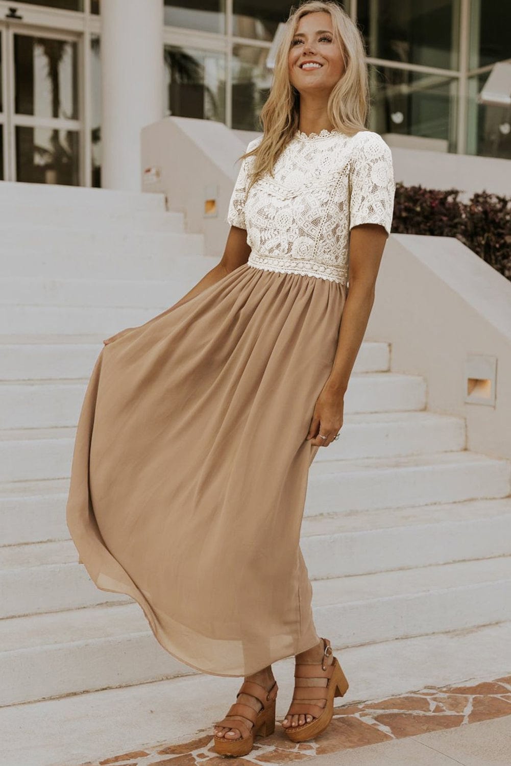 Elegant Floral Lace High Waist Chiffon Maxi Dress