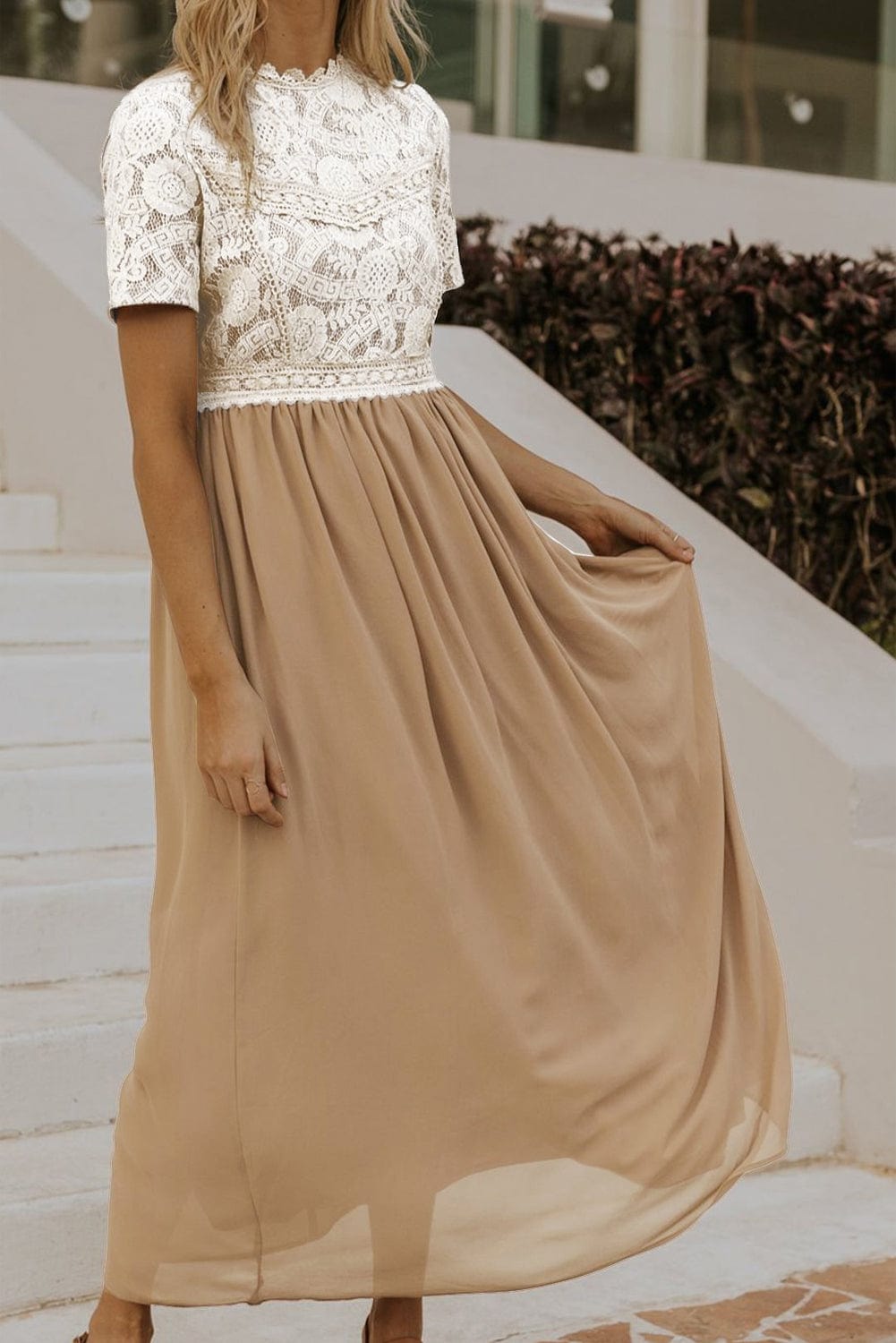 Elegant Floral Lace High Waist Chiffon Maxi Dress