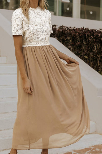 Elegant Floral Lace High Waist Chiffon Maxi Dress