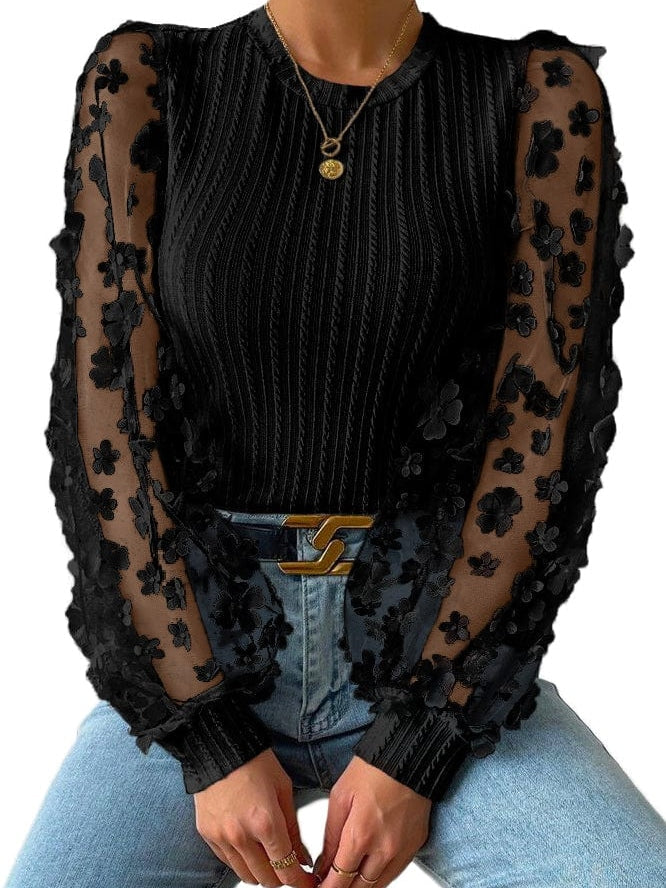 Elegant Floral Mesh Sleeve Patchwork Knit Top
