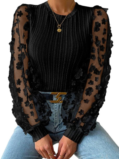Elegant Floral Mesh Sleeve Patchwork Knit Top