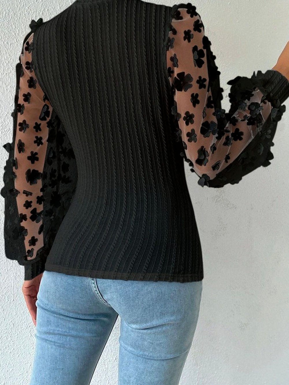 Elegant Floral Mesh Sleeve Patchwork Knit Top
