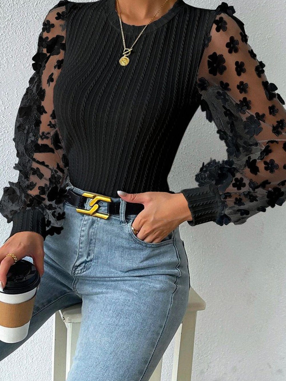 Elegant Floral Mesh Sleeve Patchwork Knit Top
