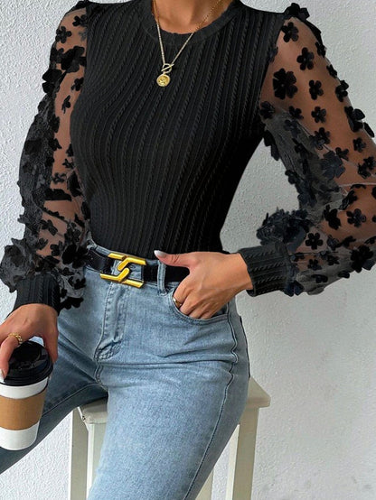 Elegant Floral Mesh Sleeve Patchwork Knit Top