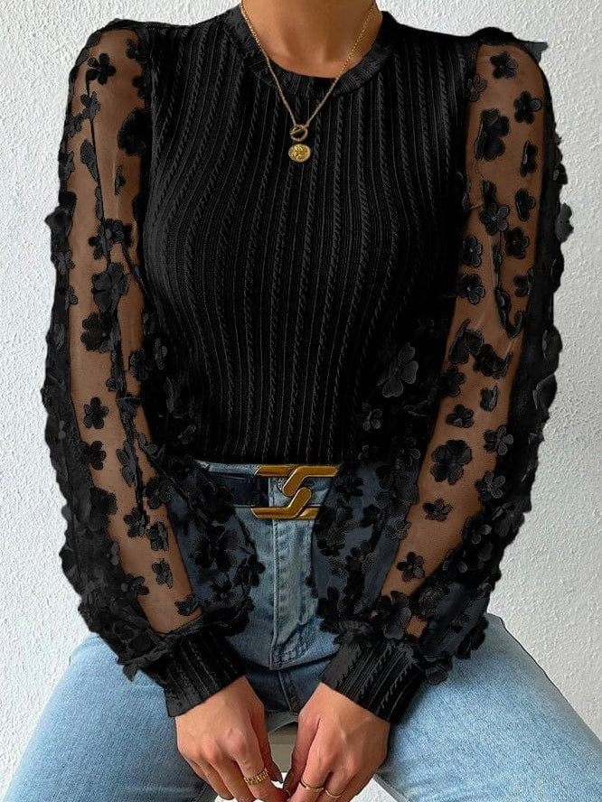 Elegant Floral Mesh Sleeve Patchwork Knit Top