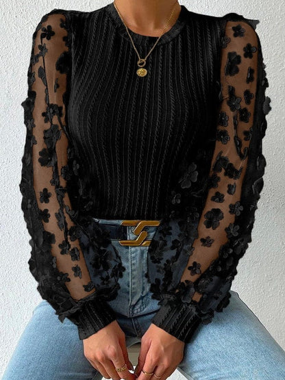 Elegant Floral Mesh Sleeve Patchwork Knit Top