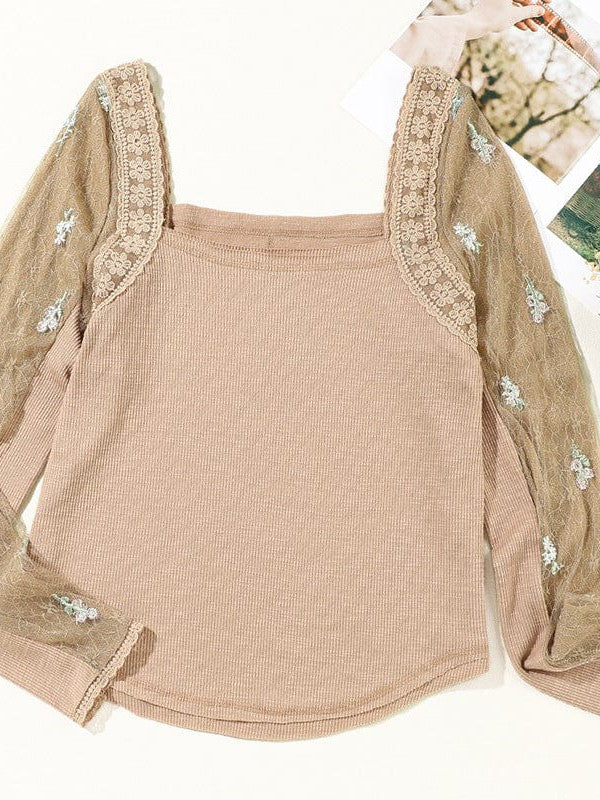 Elegant Floral Mesh Sleeve Slim Square Neck Sweater for Women
