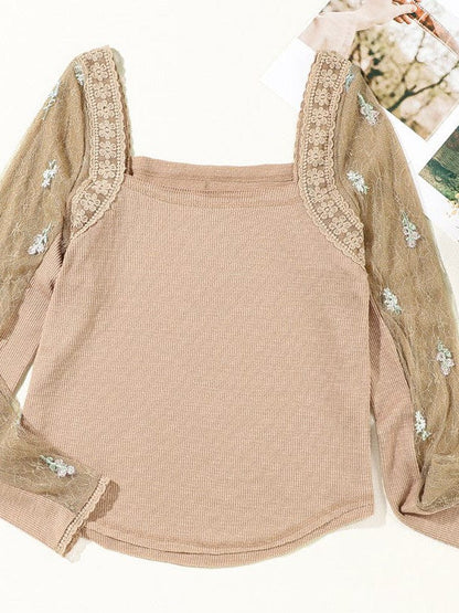 Elegant Floral Mesh Sleeve Slim Square Neck Sweater for Women