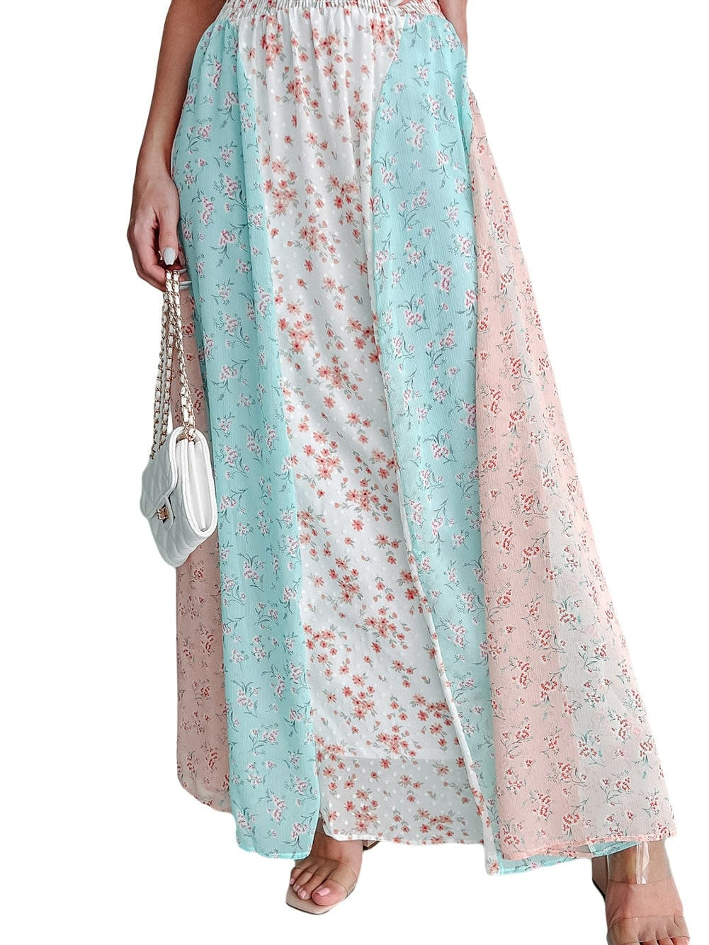 Elegant Floral Patchwork Maxi Skirt with Frilled Waistband
