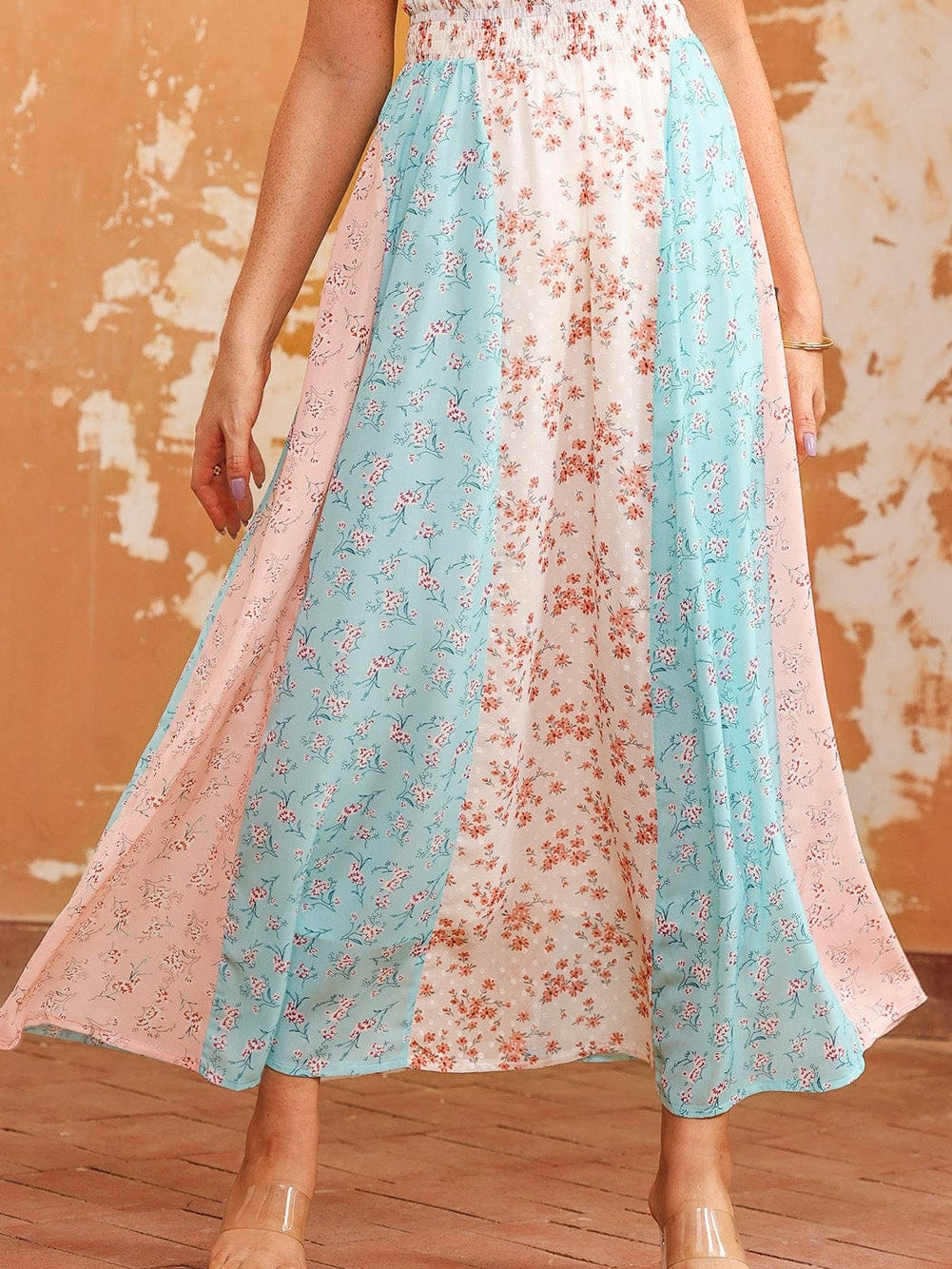 Elegant Floral Patchwork Maxi Skirt with Frilled Waistband