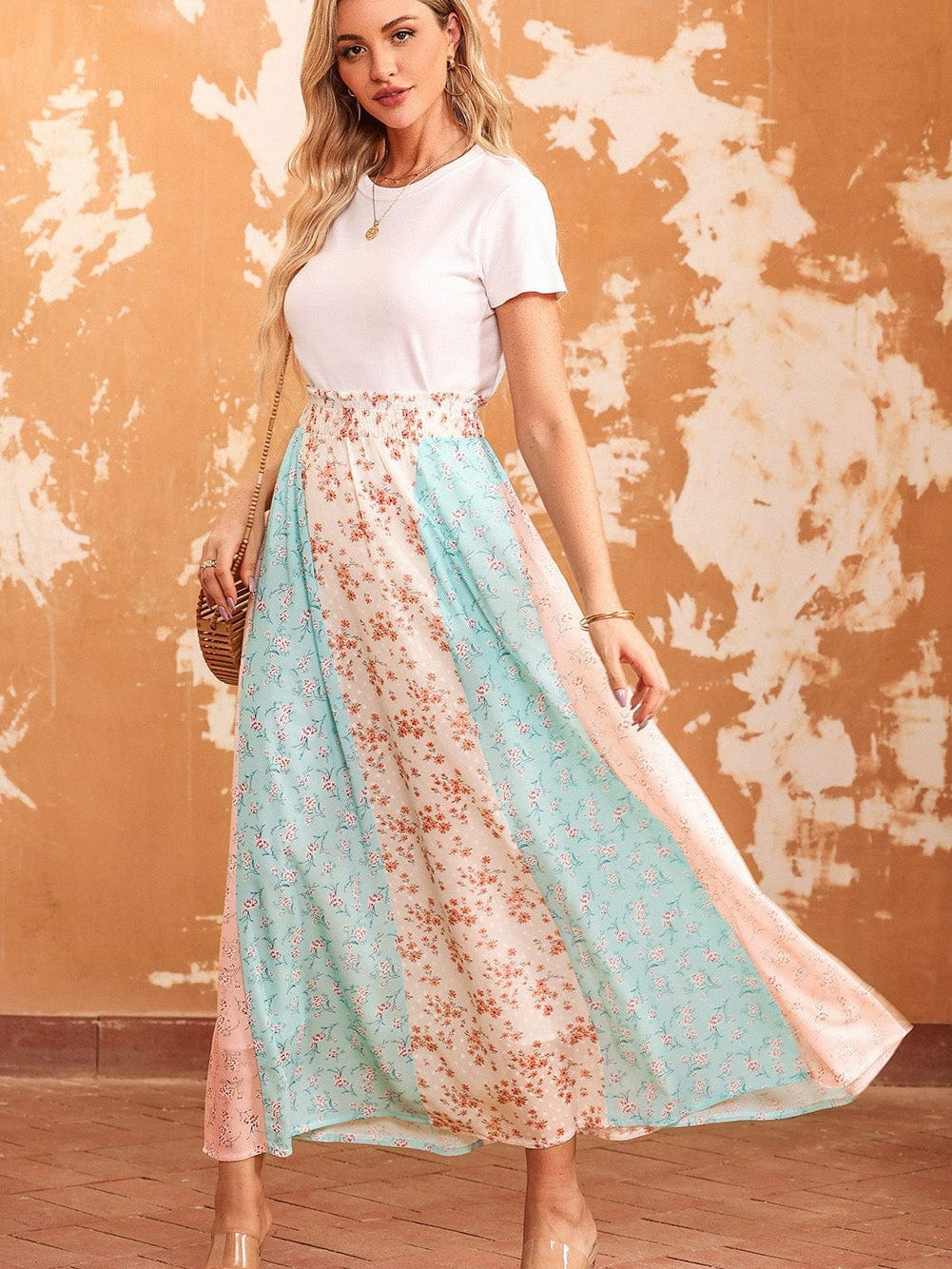Elegant Floral Patchwork Maxi Skirt with Frilled Waistband