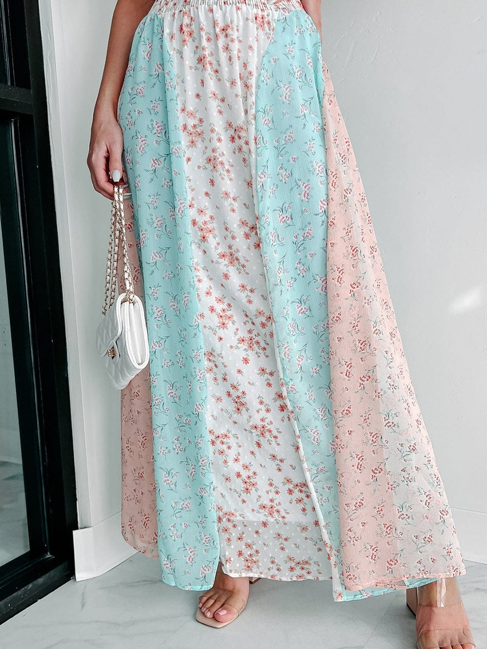 Elegant Floral Patchwork Maxi Skirt with Frilled Waistband