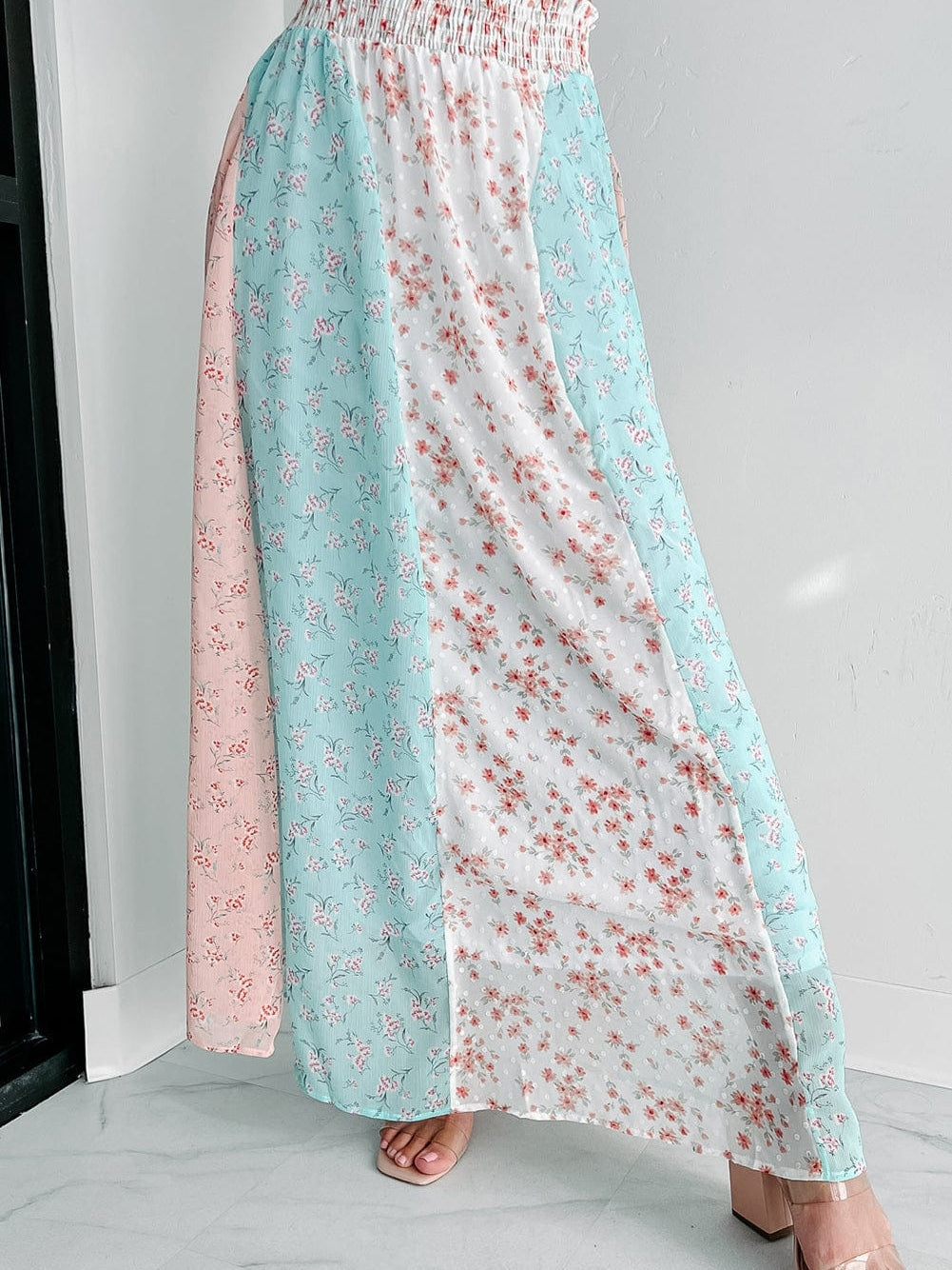 Elegant Floral Patchwork Maxi Skirt with Frilled Waistband