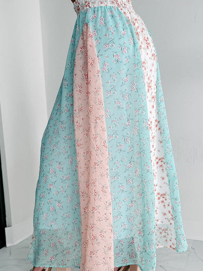 Elegant Floral Patchwork Maxi Skirt with Frilled Waistband