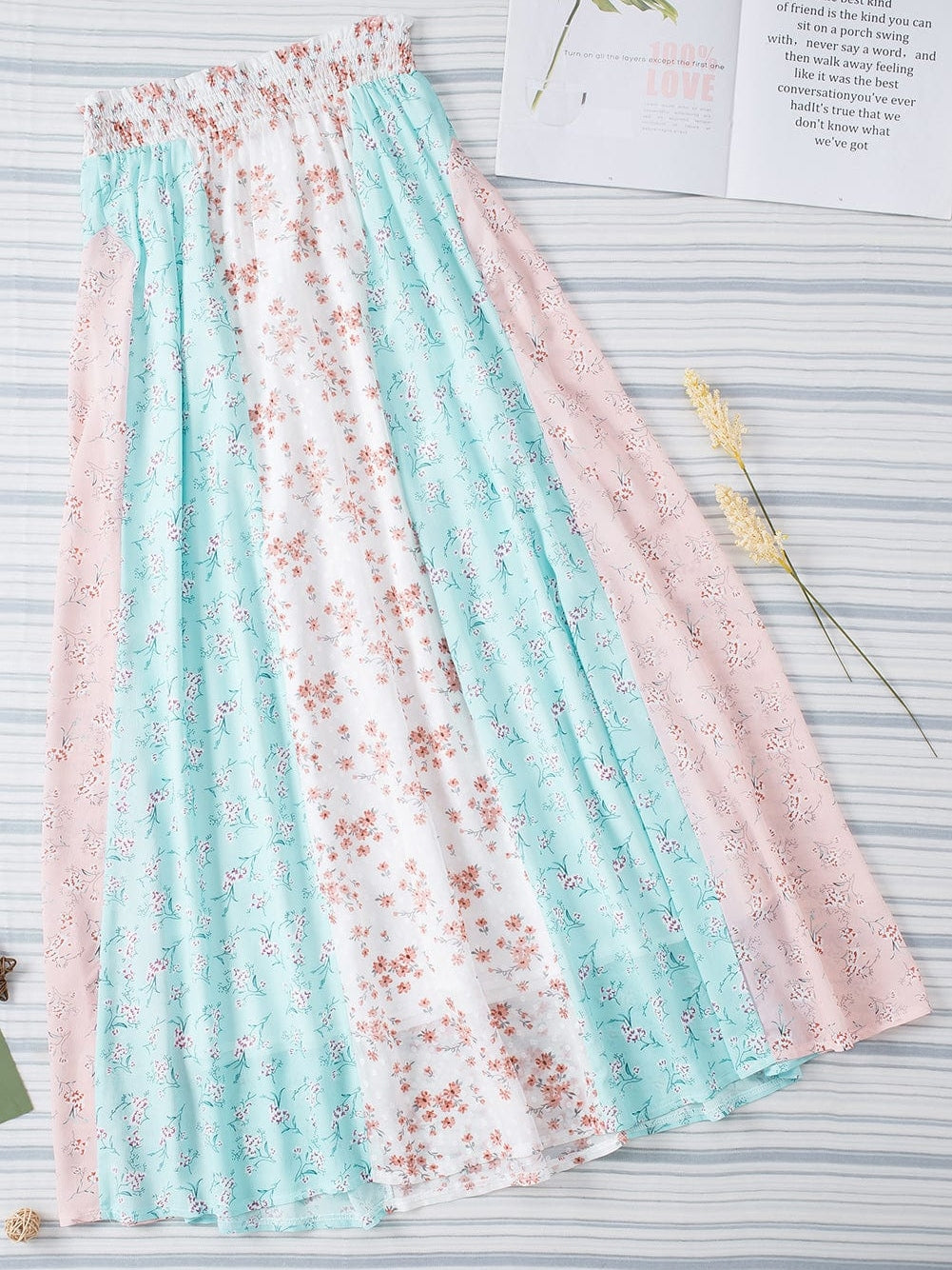 Elegant Floral Patchwork Maxi Skirt with Frilled Waistband