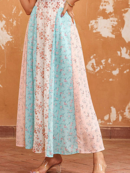 Elegant Floral Patchwork Maxi Skirt with Frilled Waistband