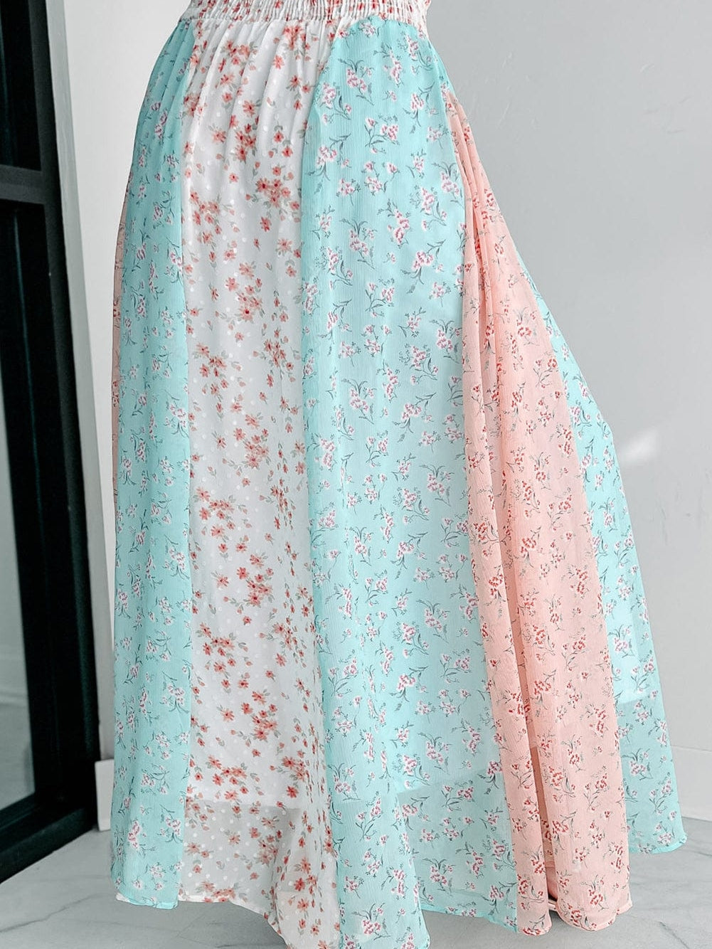 Elegant Floral Patchwork Maxi Skirt with Frilled Waistband