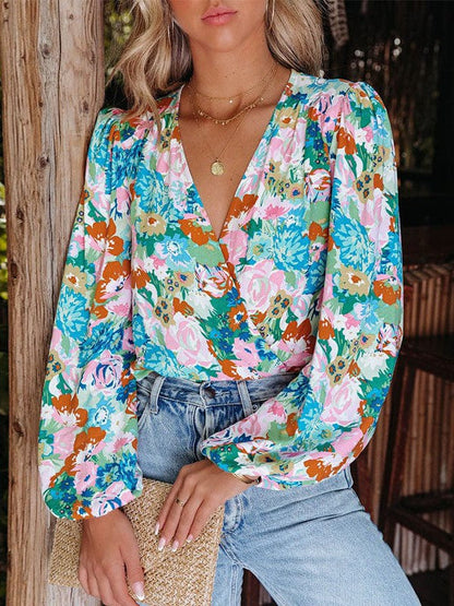 Elegant Floral Print Deep V-Neck Jumpsuit with Long Sleeves and Plant Flower Print