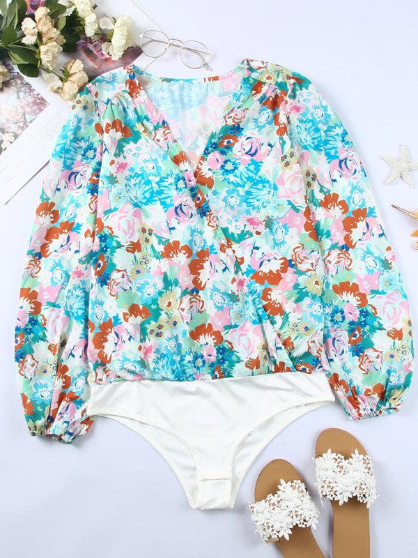 Elegant Floral Print Deep V-Neck Jumpsuit with Long Sleeves and Plant Flower Print