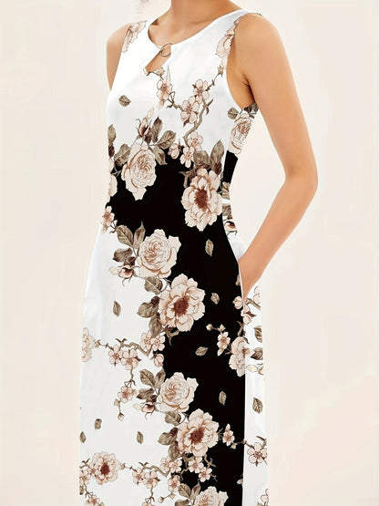 Elegant Floral Print Sleeveless Keyhole Neckline Pockets Maxi Dress