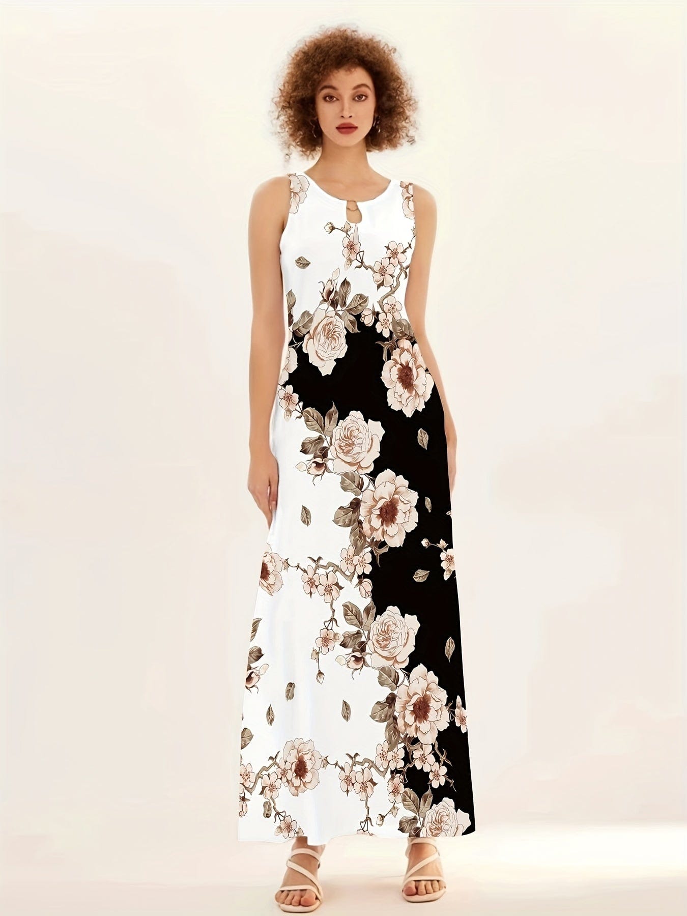 Elegant Floral Print Sleeveless Keyhole Neckline Pockets Maxi Dress