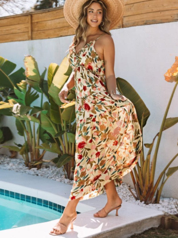 Elegant Floral Print Sleeveless Maxi Dress