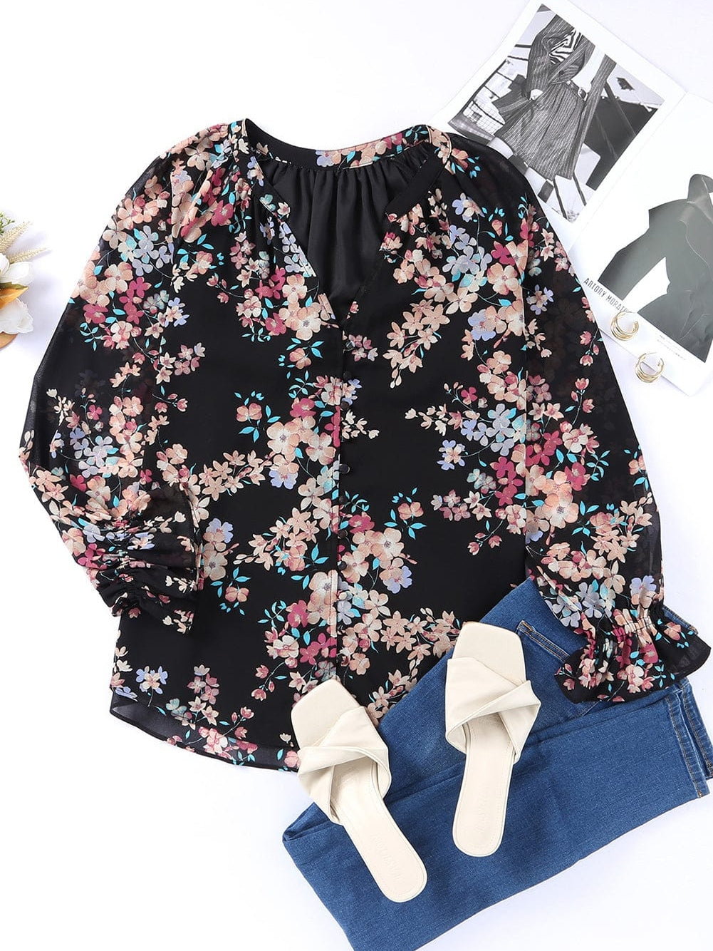 Elegant Floral Ruffled Chiffon Top