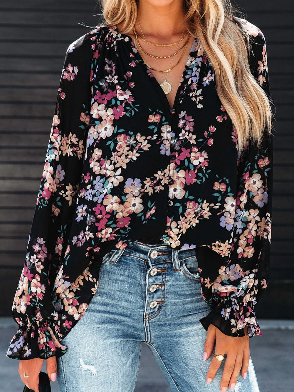 Elegant Floral Ruffled Chiffon Top