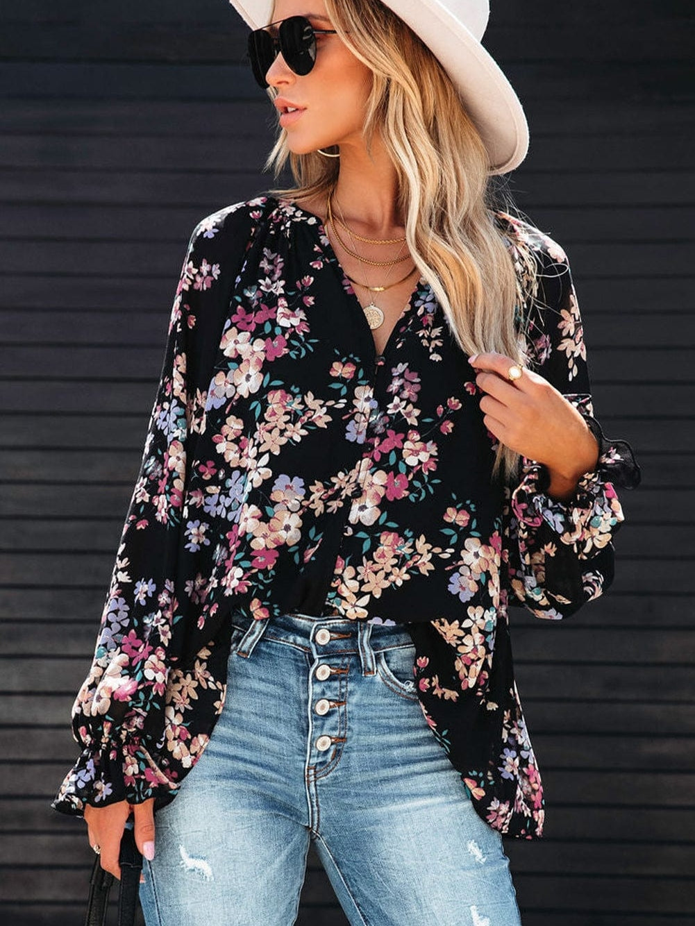 Elegant Floral Ruffled Chiffon Top
