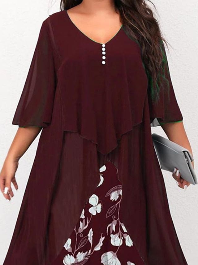 Elegant Floral V-Neck Midi Dress for Women with Curves