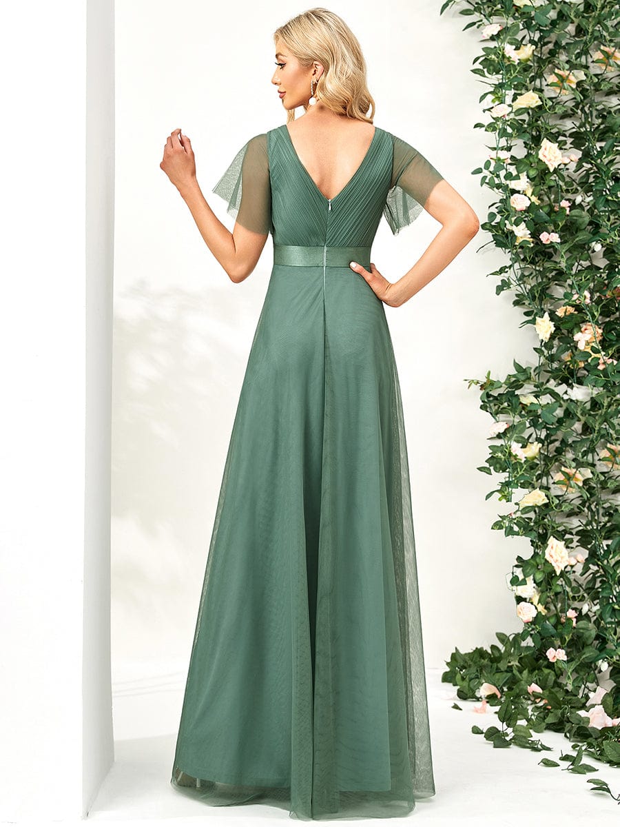 Elegant Flutter Sleeve Double V-Neck Tulle Bridesmaid Gown