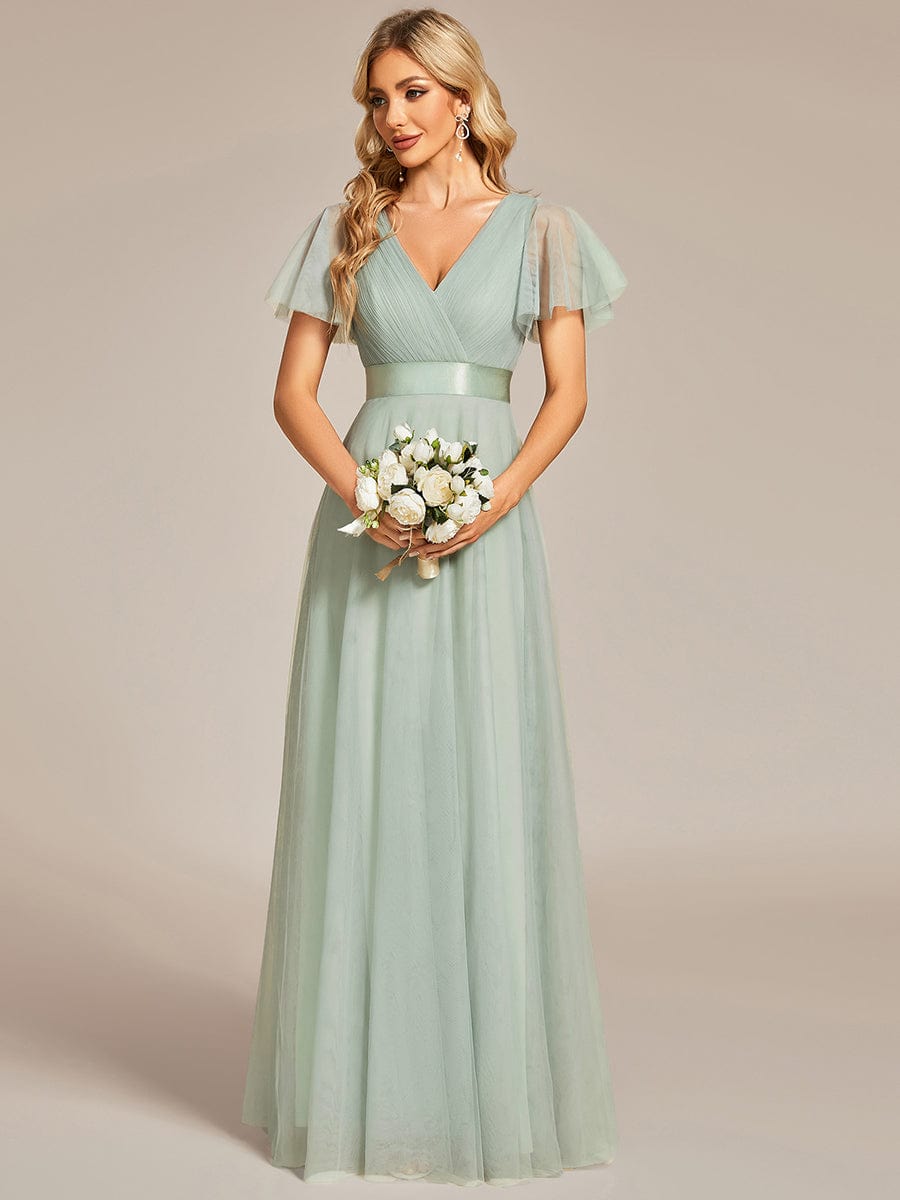 Elegant Flutter Sleeve Double V-Neck Tulle Bridesmaid Gown